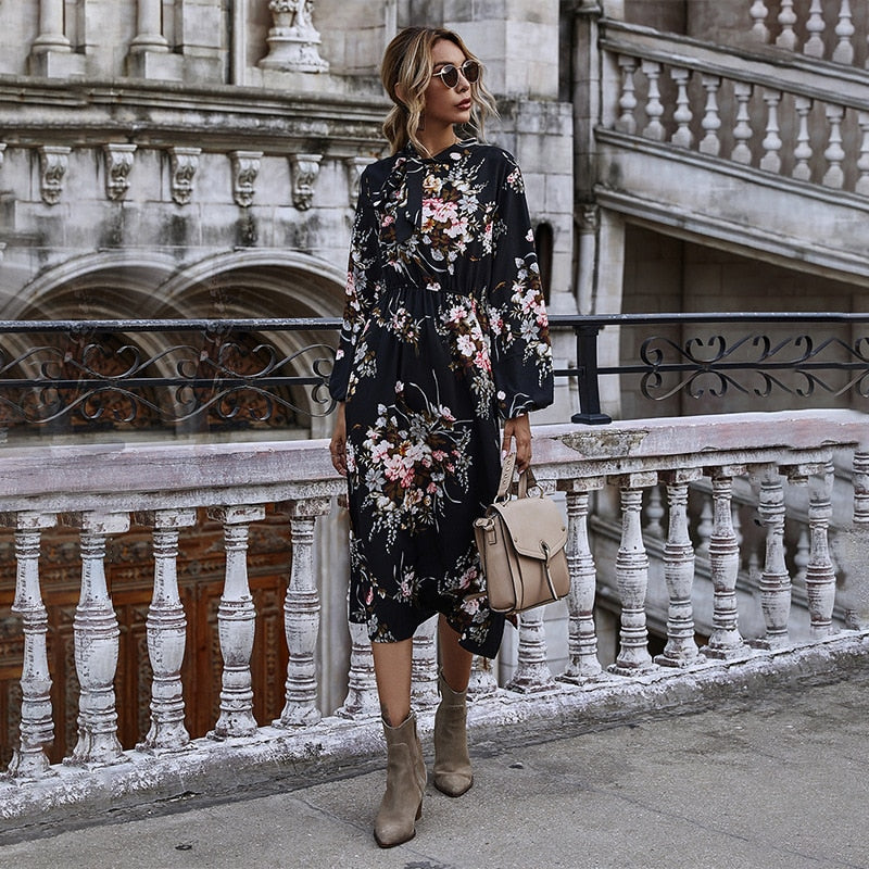 Women's Puff Sleeved Floral Printed Dress