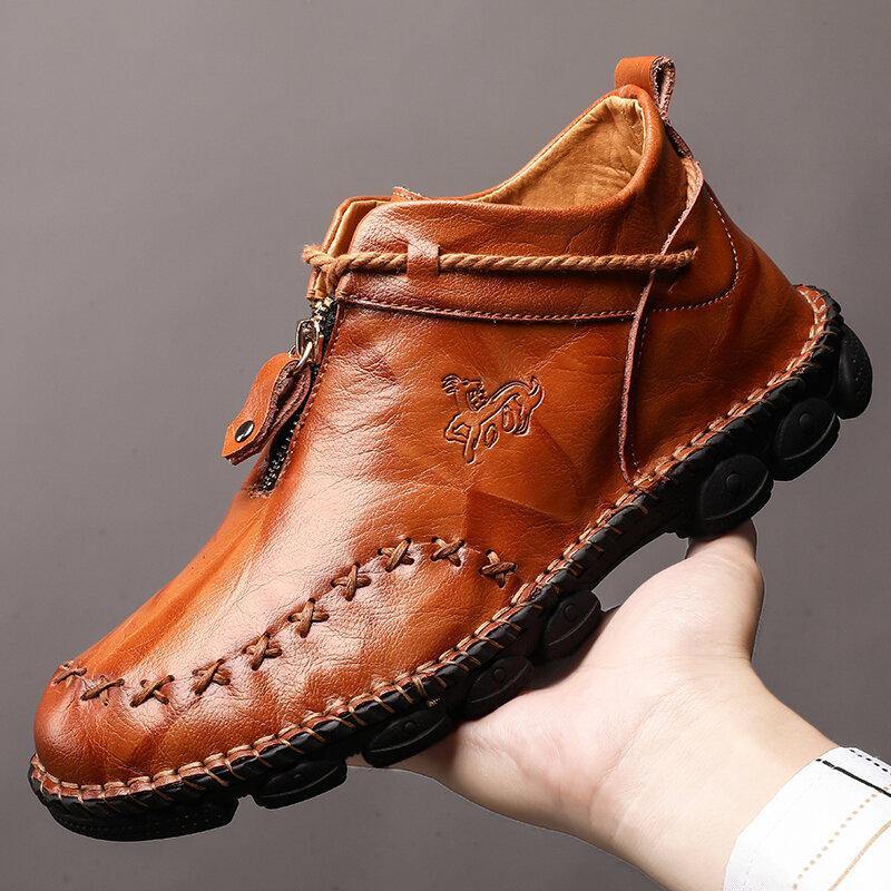 Menico Men Hand Stitching Leather Wear Resistant Large Size Soft Sole Casual Ankle Boots - MRSLM