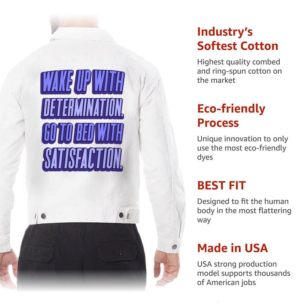 Wake Up With Determination Men's White Denim Jacket - Best Design Denim Jacket for Men - Printed Denim Jacket - MRSLM