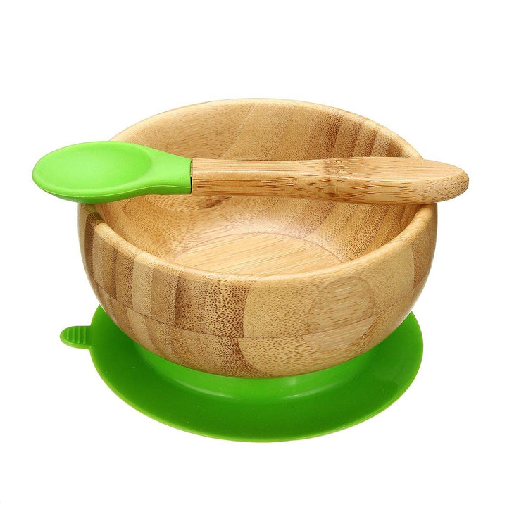 Baby Bamboo Suction Bowl Plate and Matching Spoon Set Kids Put Feeding Bowl - MRSLM