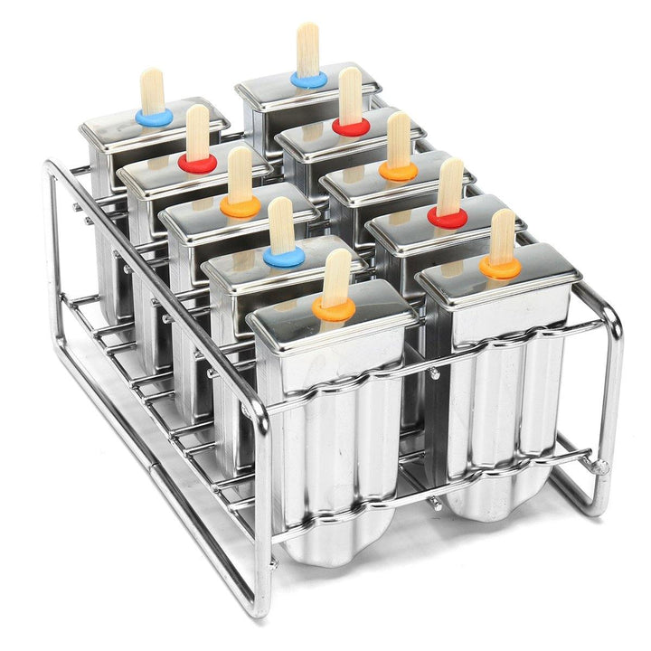 10 Molds Stainless Steel Ice Cream Popsicle Mold Lolly Popsicle w/ 100Pcs Stick Holder - MRSLM