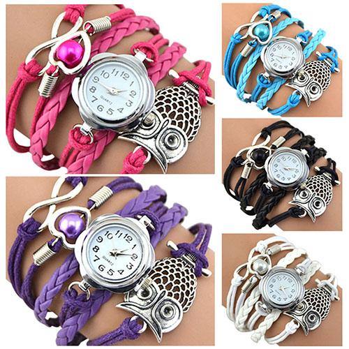 Women Owl Wax Cord Multilayer Knitted Faux Leather Bracelet Wrap Wrist Watch - MRSLM