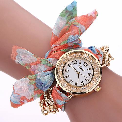 Fashion Geneva Lady Girl Flower Print Cloth Quartz Bracelet Dress Wrist Watch - MRSLM