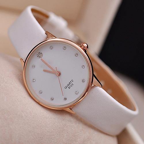 Women's Fashion Faux Leather Band Wristwatch Rhinestone Inlaid Quartz Watch - MRSLM