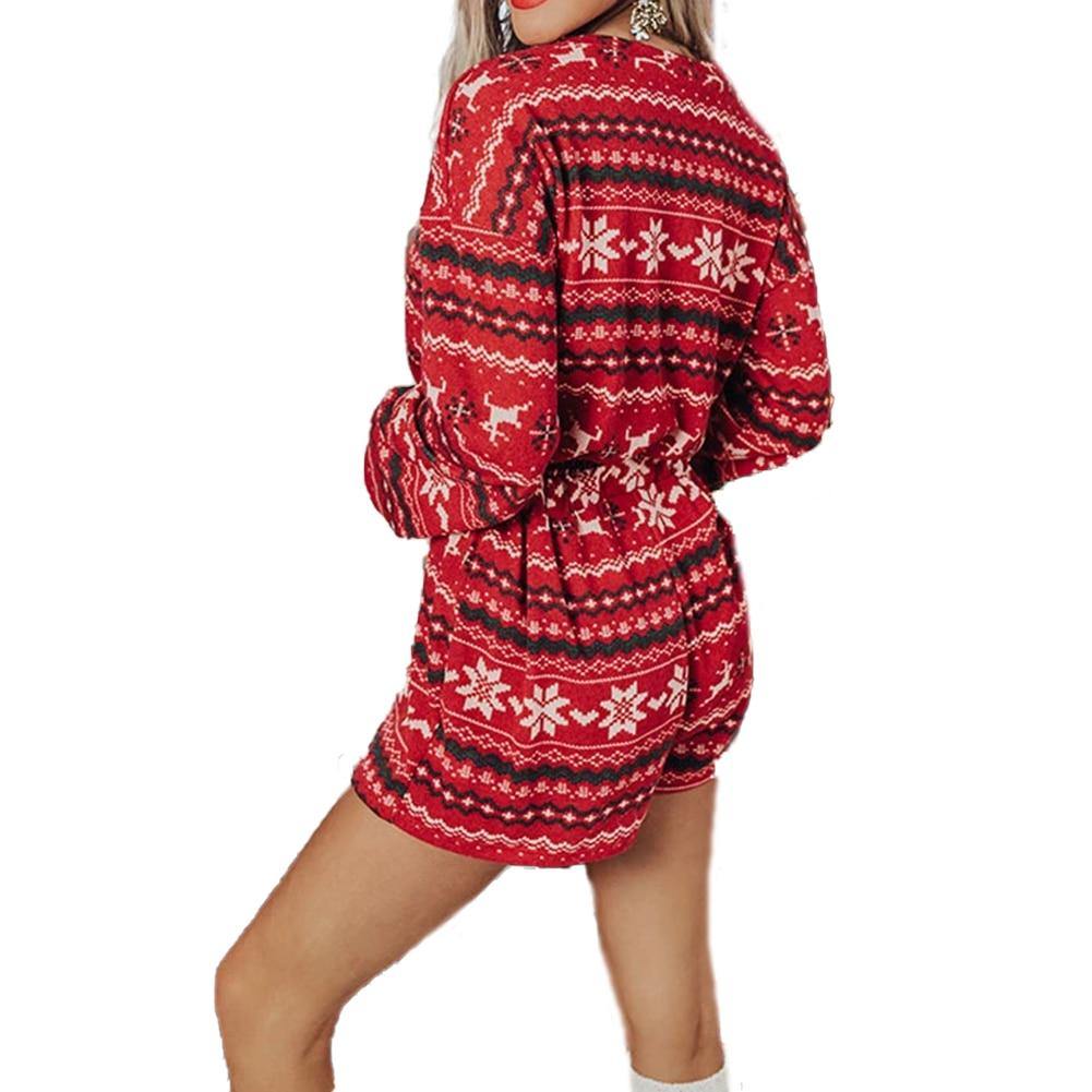 Women Christmas Pajama Sets Long Sleeve Crop Top Shorts 2Pcs - MRSLM