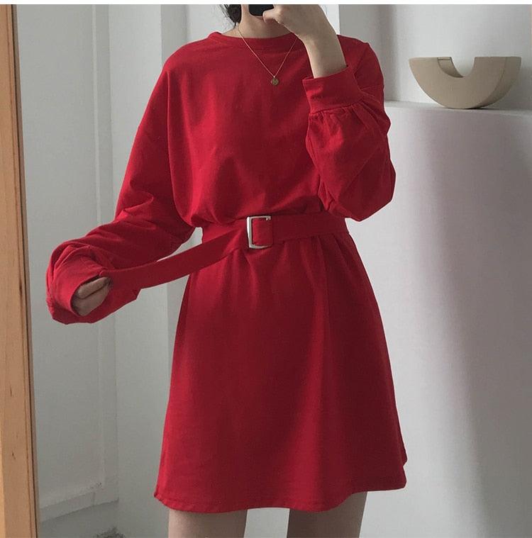 Solid color long-sleeved lace-up waist skirt dress - MRSLM