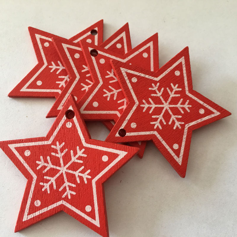 White / Red Natural Wooden Christmas Pendants 5 pcs Set