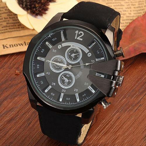 Men's Fashion Analog Sport Stainless Steel Case Quartz Faux Leather Wrist Watch - MRSLM