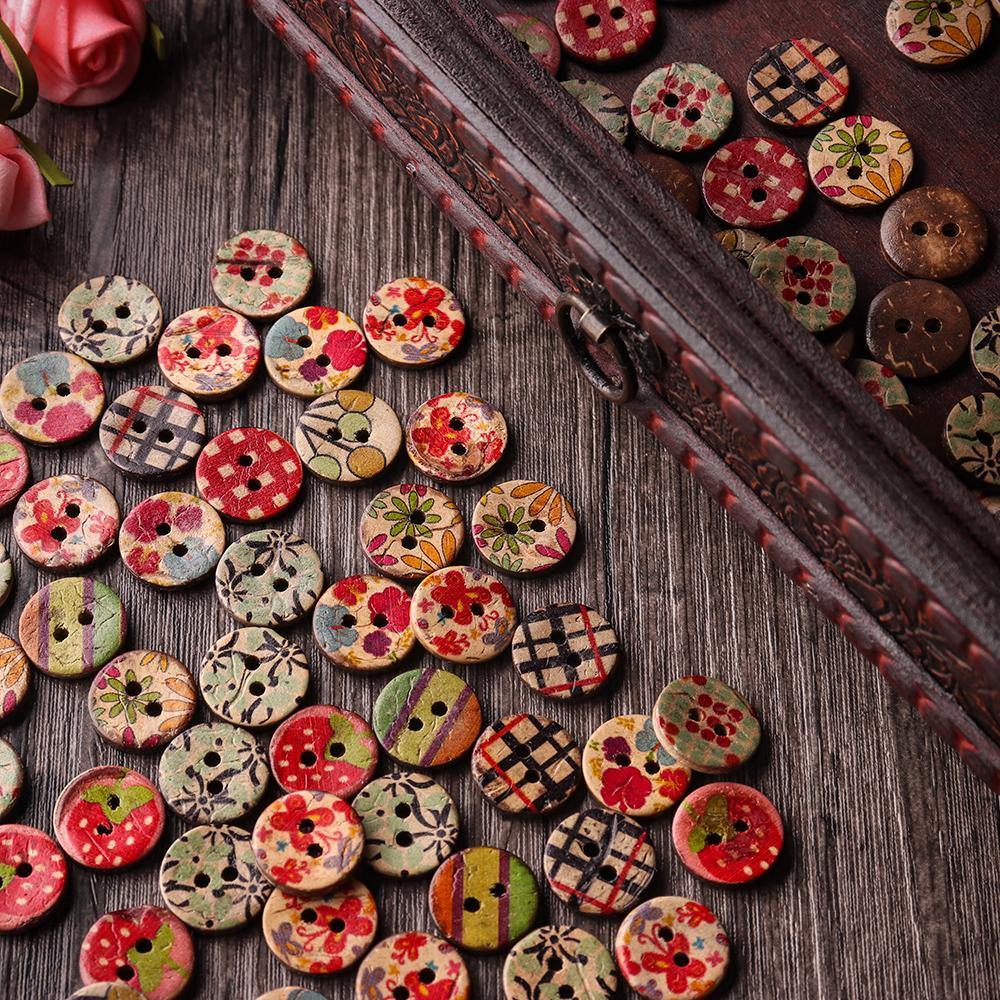 100 PCS Round Pattern Wooden Button Mixed 2 Hole Natural Sewing Children Handmade Clothes Buttons (1) - MRSLM