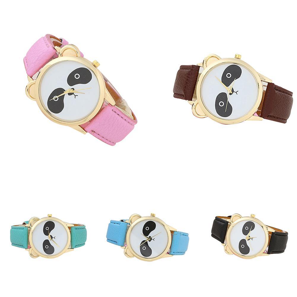 Girls Students Fashion Cartoon Panda Dial Faux Leather Analog Quartz Wrist Watch - MRSLM