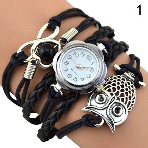 Women Owl Wax Cord Multilayer Knitted Faux Leather Bracelet Wrap Wrist Watch - MRSLM