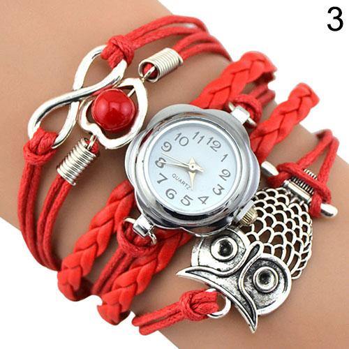 Women Owl Wax Cord Multilayer Knitted Faux Leather Bracelet Wrap Wrist Watch - MRSLM