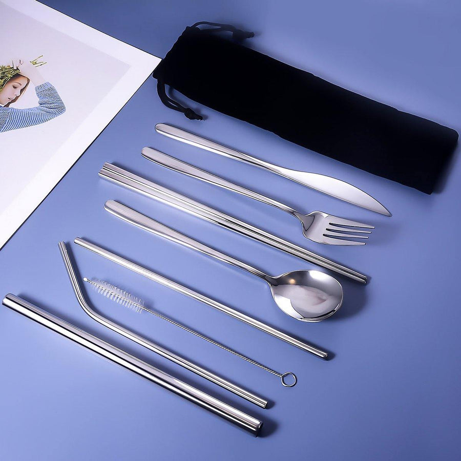 9pcs Titanium-Plated 304 Stainless Steel Cutlery Set Knife Fork Spoon Chopsticks Straw Set - MRSLM