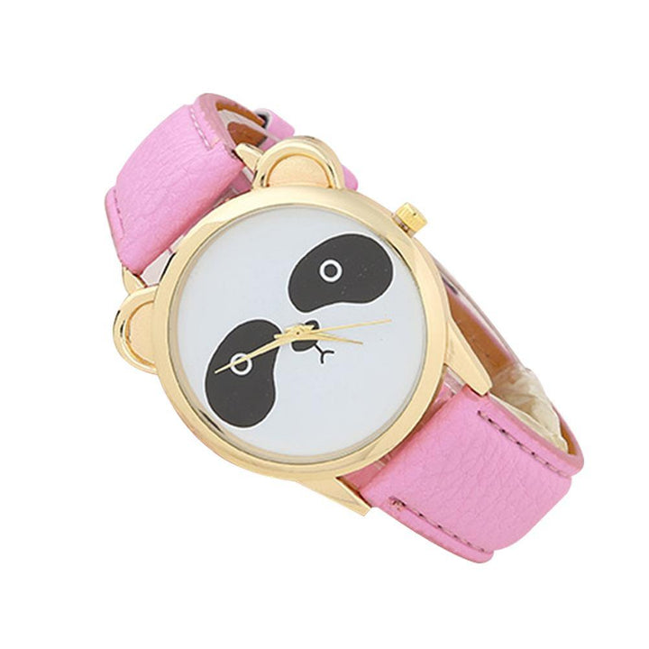 Girls Students Fashion Cartoon Panda Dial Faux Leather Analog Quartz Wrist Watch - MRSLM