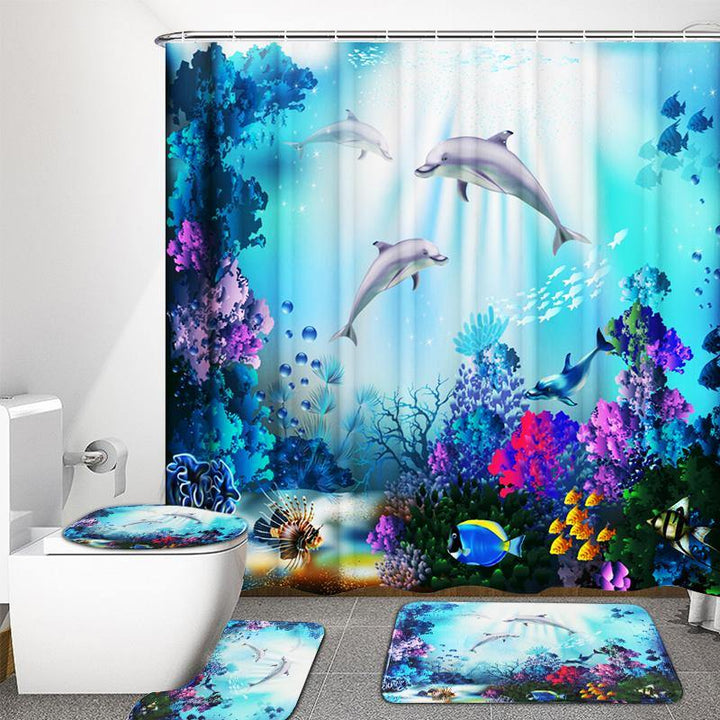 1/3/4 Pcs Sea Style Dolphin Waterproof Shower Curtain Set Toilet Cover Mat Bathroom Non-Slip Mat Pedestal Rug Kit - MRSLM