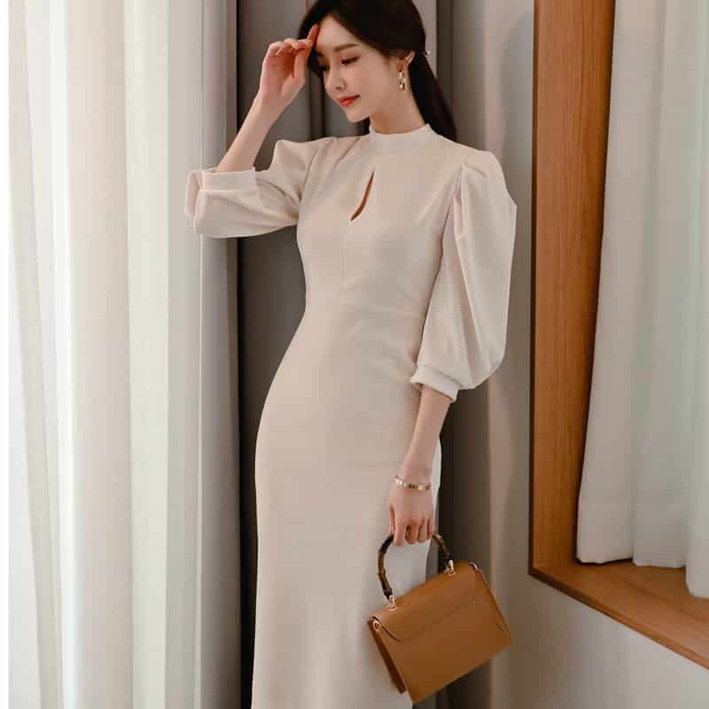 Women's Stand Collar Puff Sleeve White Dress