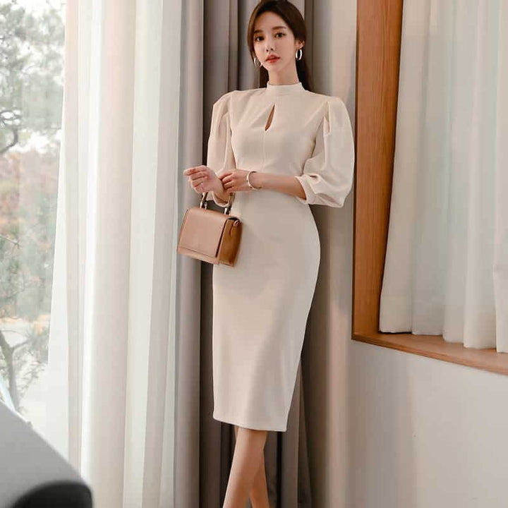 Women's Stand Collar Puff Sleeve White Dress