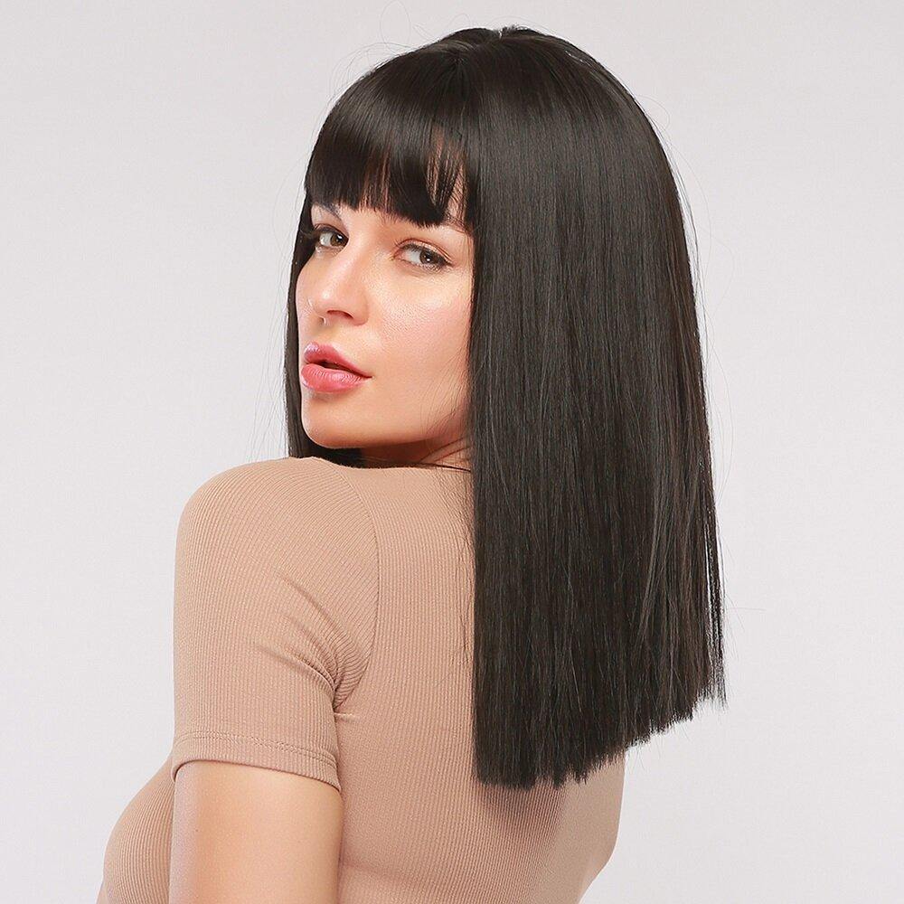 16 Inch Black Medium Length Straight Hair Natural Shawl Breathable Bangs Synthetic Wigs - MRSLM