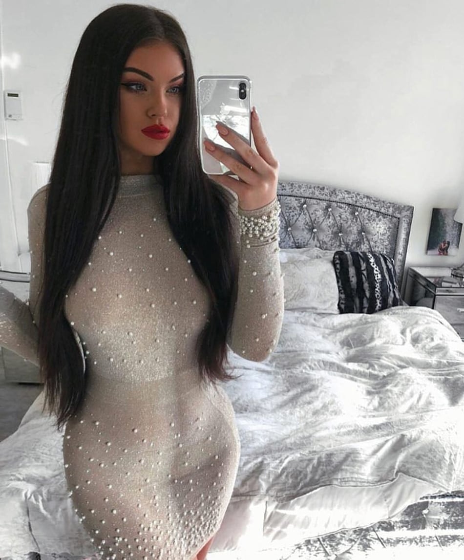 Women's Long Sleeved Beaded Round Neck Dress