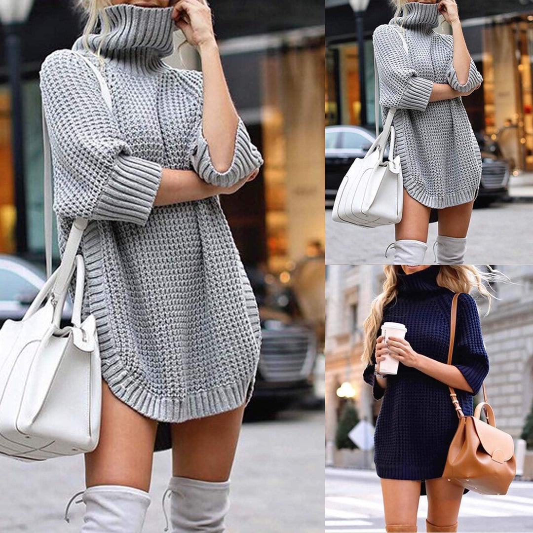 Women's Solid Turtle Neck Sweater Dress