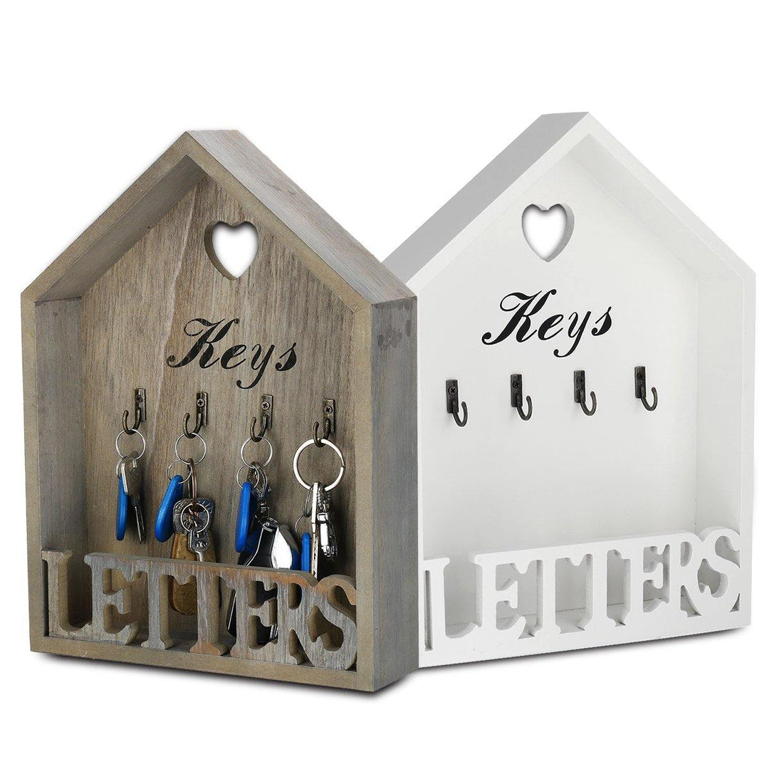 Vintage Wooden Key Holder Storage & Letter Shelf Rack Shabby Chic Wall Mounted 4 Hooks - MRSLM