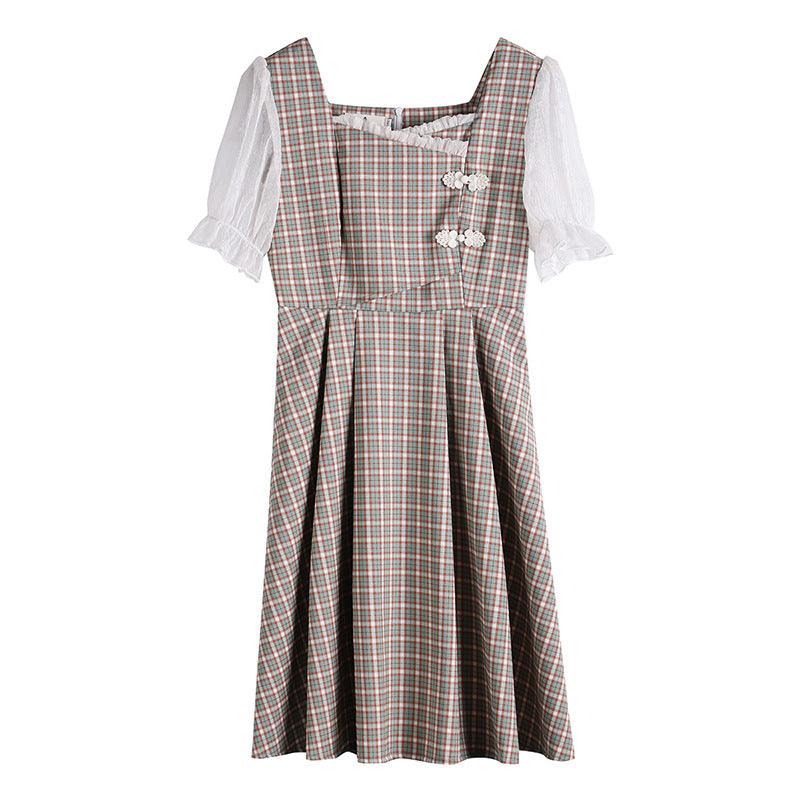 Retro long sleeve stitching plaid dress - MRSLM