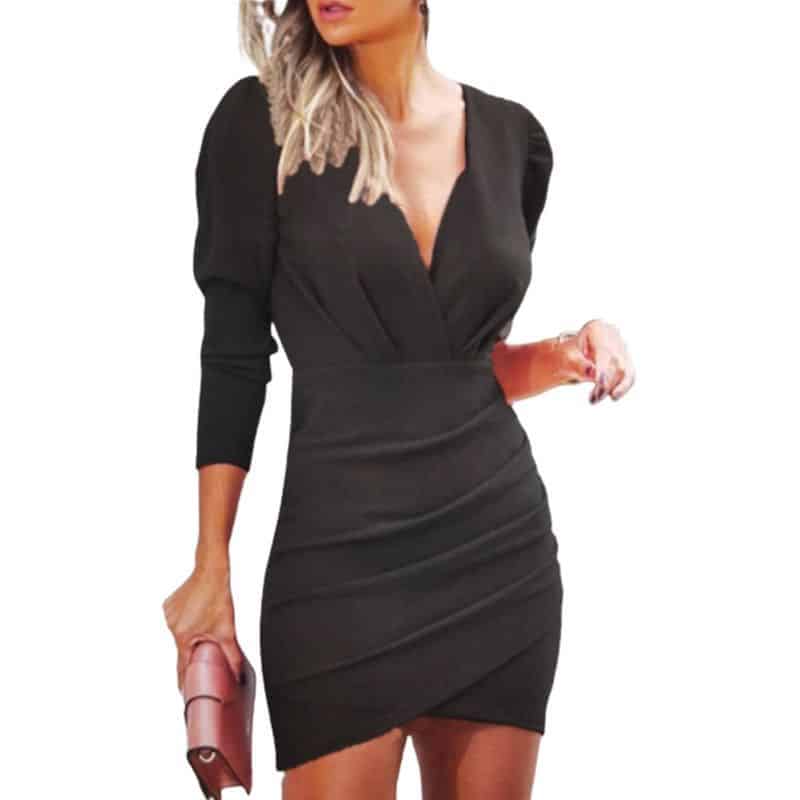 Women's Slim Mini Dress with V-Neck and Long Sleeves