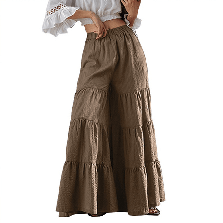 Casual Solid Elastic High Waist Pleated Stitching Wide Leg Pants for Women - MRSLM