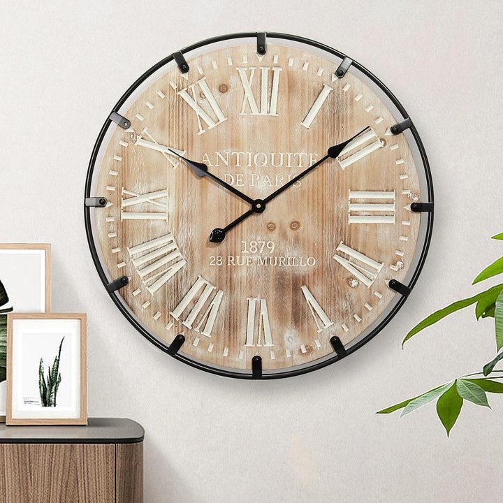 60*60cm Wall Clock Retro Iron Solid Wood Silent Time Living Room Hanging Clock Home Decorative Large Wall Clock Art - MRSLM