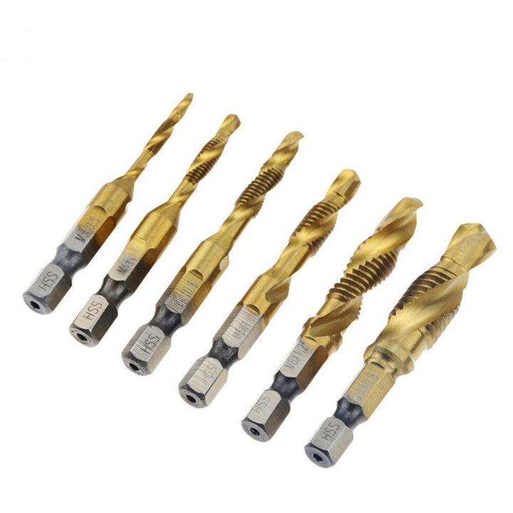 6Pcs 1/4 Inch M3-M10 Screw Tap HSS Combination Drill Tap Bit Set Hex Shank Deburr Countersink Bits - MRSLM