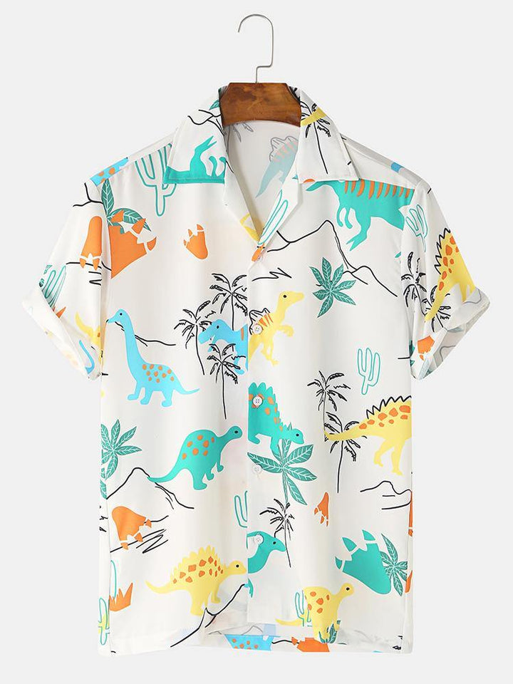 Cartoon Dinosaur Animal Printed Short Sleeve Casual Shirts - MRSLM