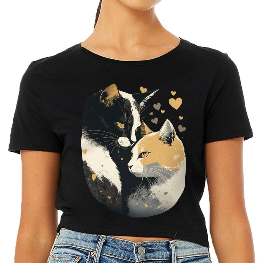 Cat Love Women's Cropped T-Shirt - Couple Style Crop Top - Printed Cropped Tee - MRSLM