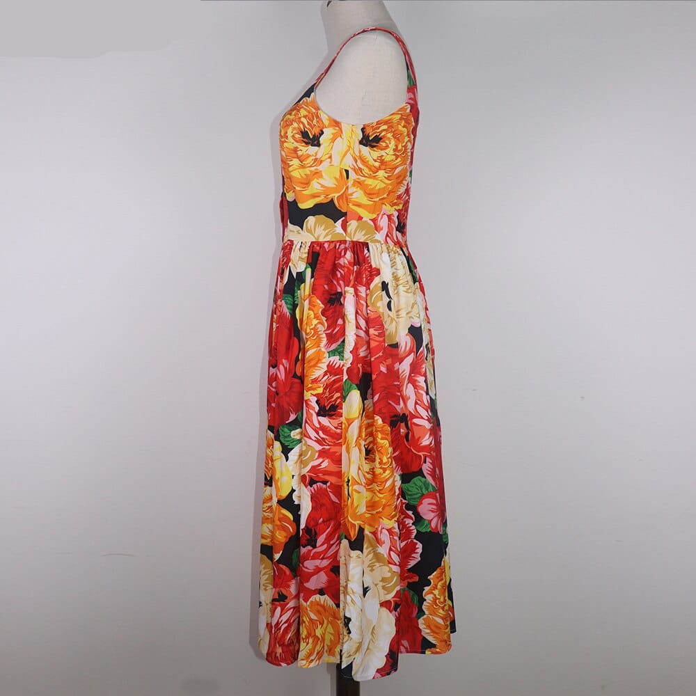 Women's Spaghetti Strap Backless Midi Dress with Floral Print