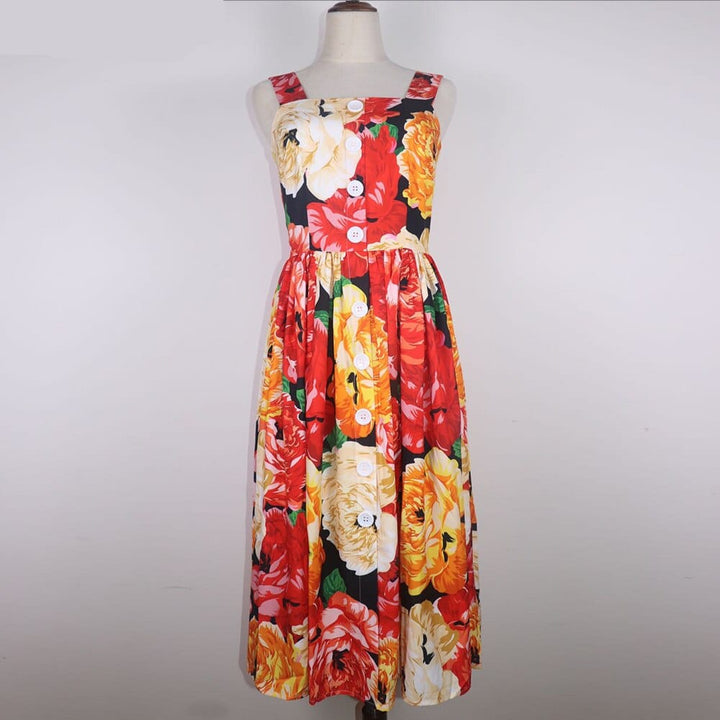 Women's Spaghetti Strap Backless Midi Dress with Floral Print