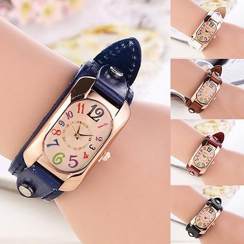 Women Fashion Casual Faux Leather Strap Oblong Case Quartz Wrist Watch - MRSLM