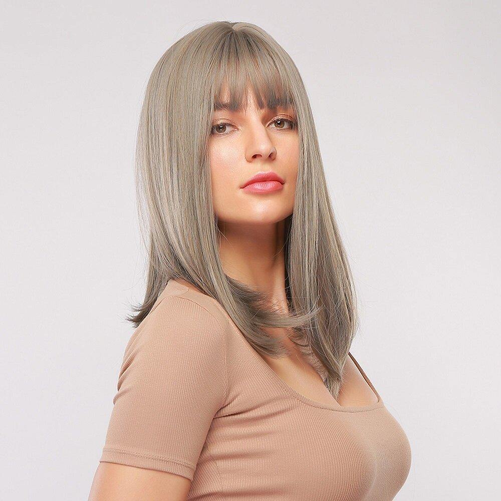 18 Inch Gray Mixed Color Medium-Length Straight Hair Soft Natural Full Head Cover Wig - MRSLM