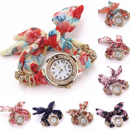 Fashion Geneva Lady Girl Flower Print Cloth Quartz Bracelet Dress Wrist Watch - MRSLM