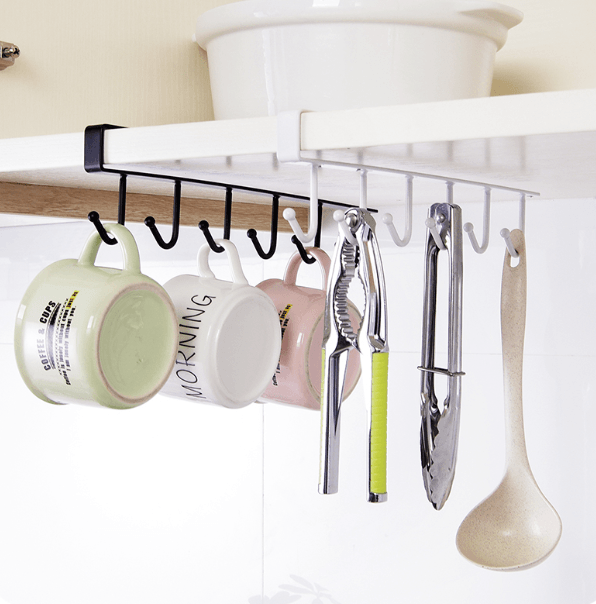 Kitchen Cabinet Under Shelf 6 Hooks Cup Mug Holder Kitchen Iron Hanging Storage Rack Cupboard Organizer Hooks Bedroom Wardrobe - MRSLM