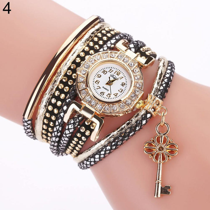 Key Pendant Multi-Layer Rivets Band Arabic Numerals Quartz Bracelet Wrist Watch - MRSLM