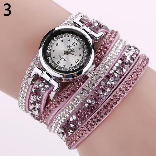 Women Fashion Multilayer Rhinestone Faux Leather Strap Bracelet Wrist Watch - MRSLM