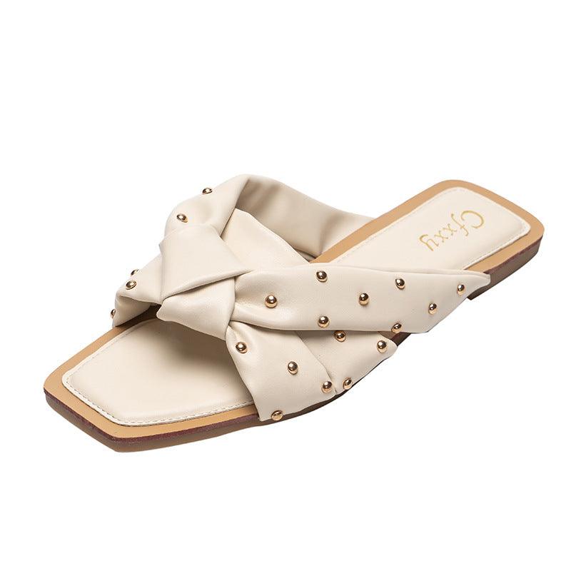 Summer New Style Rivet Woven Slippers Female Cross Flat-bottomed Female Sandals - MRSLM