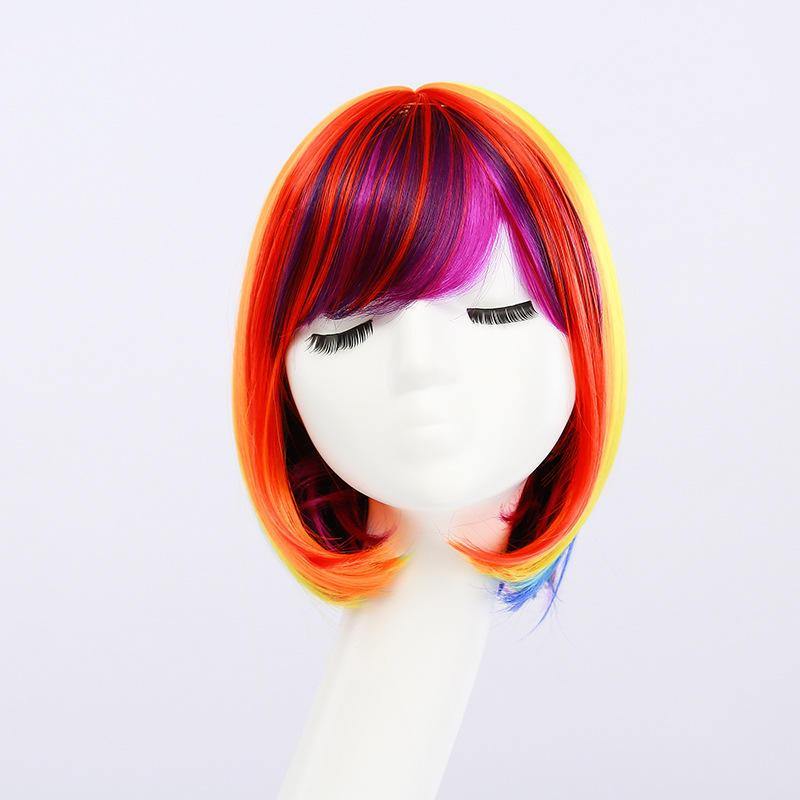 Anime Rainbow Wigs Colorful BOB Head Short Hair Wig Full Bangs High Temperature Wire Headcover Cosplay Hair Wigs - MRSLM