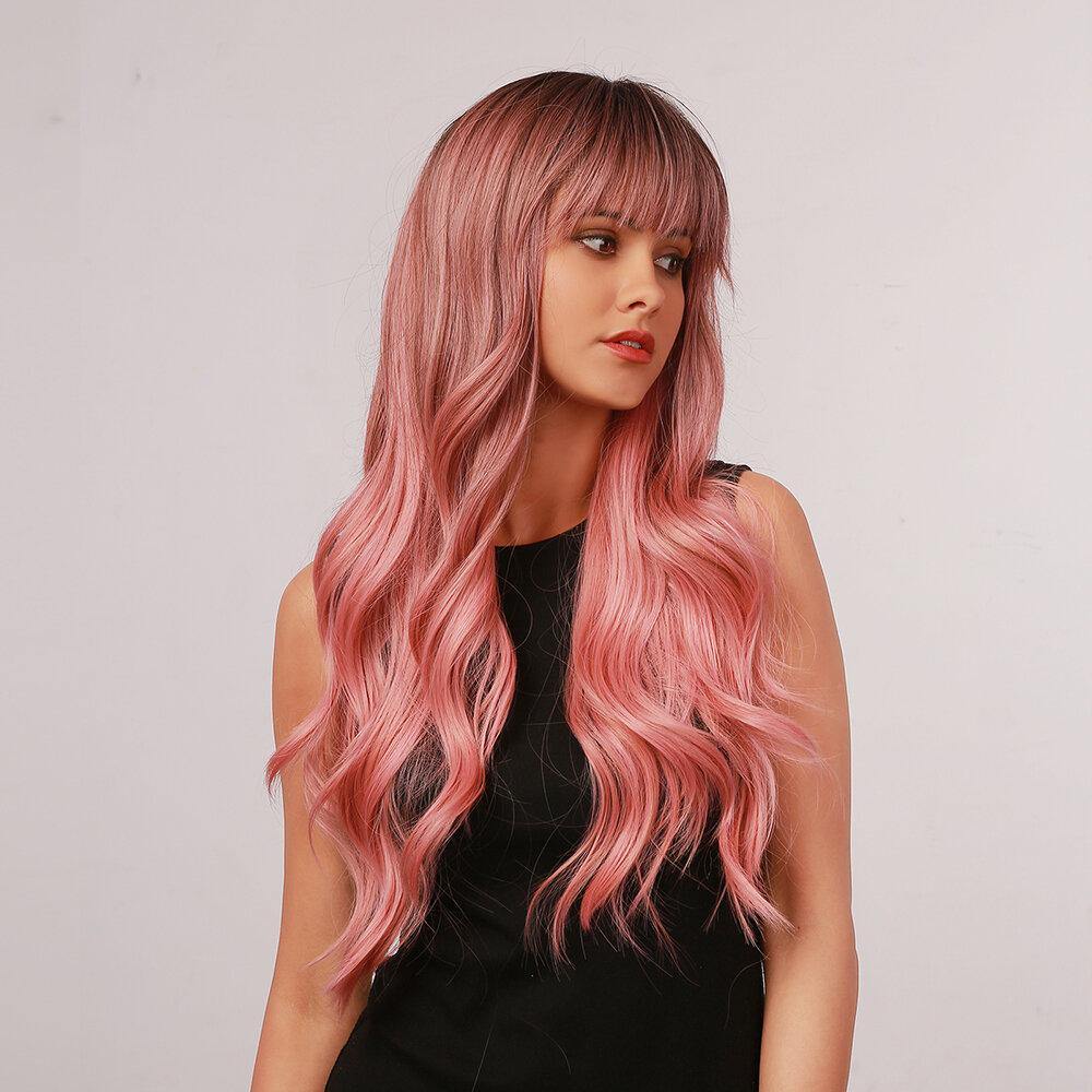 28 Inch Brown Gradient Pink Big Wave Length Curly Hair Air Bangs Christmas Full Head Cover Wig - MRSLM