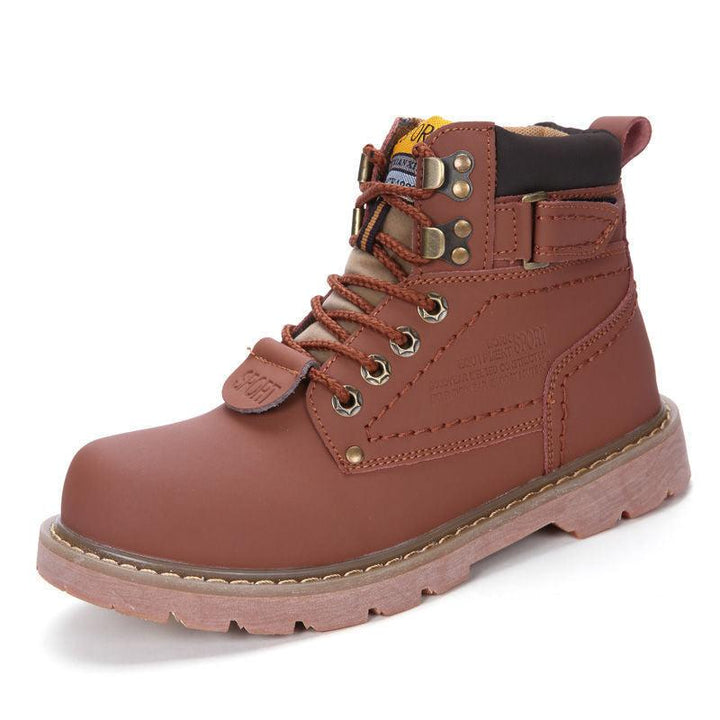 British Style Winter High-top Tooling Plus Velvet Korean Trendy Cowhide Rhubarb Boots - MRSLM