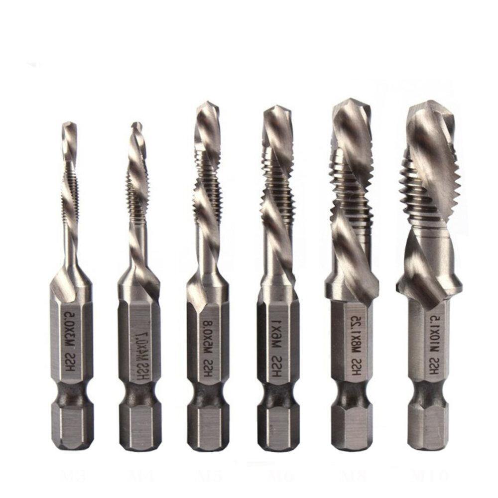 6Pcs 1/4 Inch M3-M10 Screw Tap HSS Combination Drill Tap Bit Set Hex Shank Deburr Countersink Bits - MRSLM