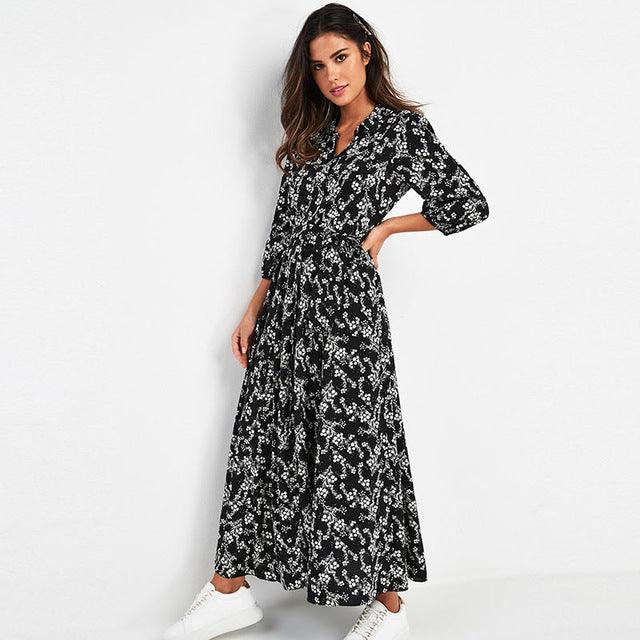 Ladies Chiffon Dress with Printed Long Sleeves and Pockets - MRSLM