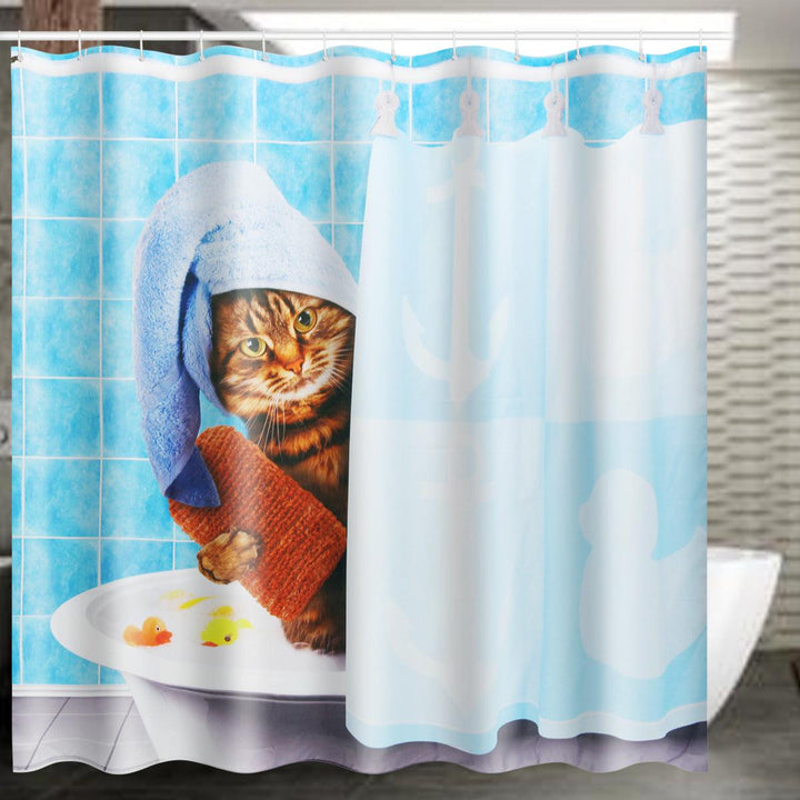 Cat Bathing Bathroom Shower Curtain Waterproof Fabric With 12 Hooks (180*180cm) - MRSLM