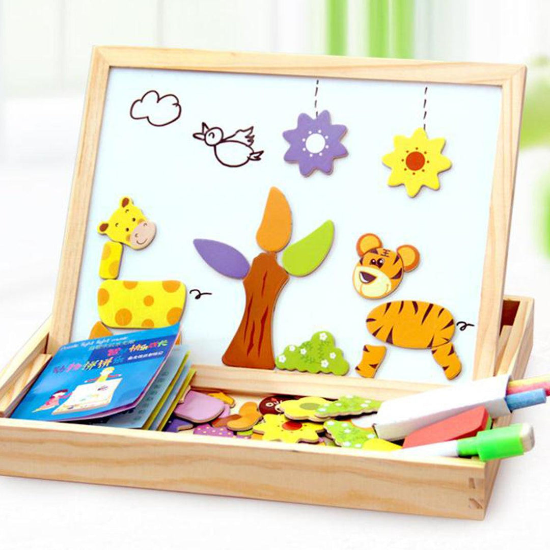 Kids Wooden Magnetic Puzzle Animals Multifunctional Educational Learning Box Double-sided Drawing Board Puzzle Toys Gifts - MRSLM