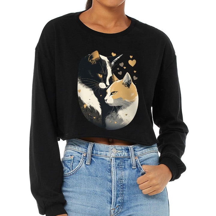 Cat Love Cropped Long Sleeve T-Shirt - Couple Style Women's T-Shirt - Printed Long Sleeve Tee - MRSLM