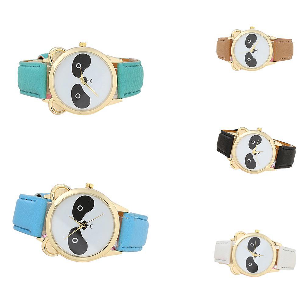 Girls Students Fashion Cartoon Panda Dial Faux Leather Analog Quartz Wrist Watch - MRSLM